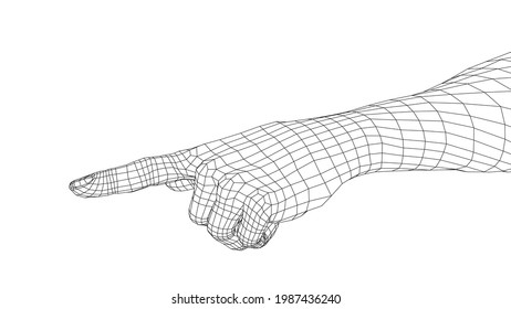 Human hand point with finger. Vector rendering of 3d. Wire-frame style
