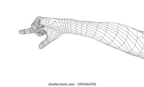 Human hand point with finger. Vector rendering of 3d. Wire-frame style