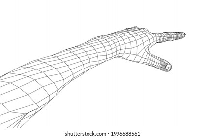 Human hand point with finger. Vector rendering of 3d. Wire-frame style