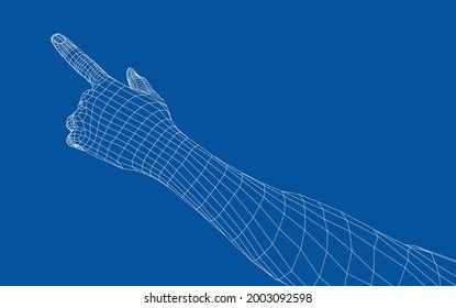 Human hand point with finger. Vector rendering of 3d. Wire-frame style
