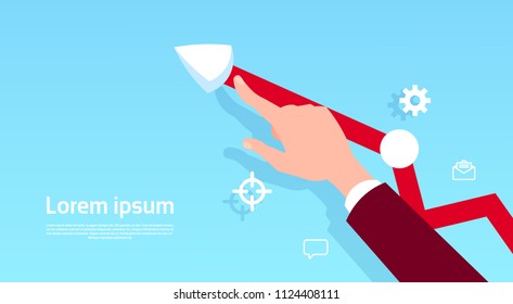 human hand point growth chart arrow up business financial success concept on blue background flat copy space vector illustration