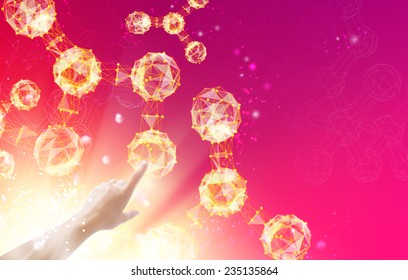 Human hand point on molecules. Vector illustration.