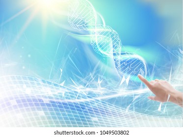 Human hand pointing to the DNA over blue sky background with bigdata array. DNA and bigdata. Vector illustration.