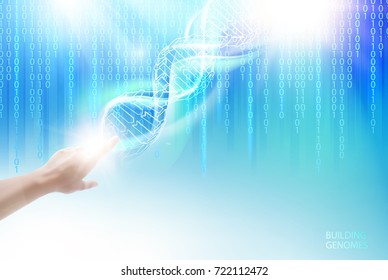 Menschliche Hand, die auf die DNA auf blauem Himmelshintergrund zeigt, mit fallenden Ziffern aus bigdata array. DNA und Bigdata.  Vektorgrafik.