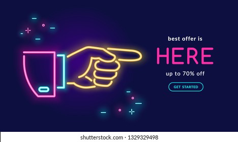 Human hand pointing finger in neon light style with text best offer is here on dark purple background. Bright vector neon illustration light website banner template or landing page design