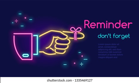 Human hand pointing finger and red tape on the finger in neon light style with text reminder don't forget on dark purple background. Bright vector neon illustration light website banner, landing page