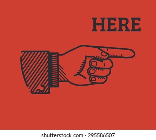 Human hand with pointing finger in retro style isolated on red background