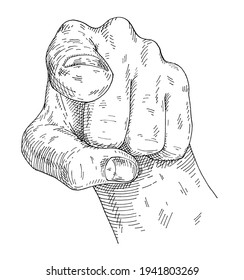 Human hand pointing finger at viewer, from front. Vintage monochrome engraving illustration isolated on white. Design for t-shirt