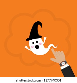 Human hand pointing at Halloween ghost in a speech bubble icon vector