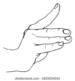 Human hand with pointing index finger. Hand drawn linear doodle sketch. Black silhouette on white background.