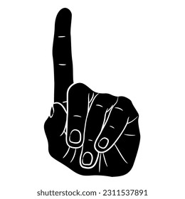 Human hand with pointing up index finger. Gesturing. Cartoon style. Black and white negative silhouette.