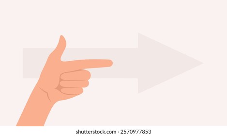 Human hand pointing with index finger to the right and arrow on beige background. Flat vector illustration