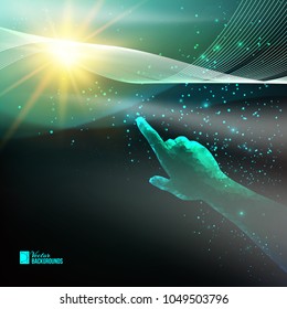 Human hand pointing to night sky over blue sky background with star wave. Science and bigdata. Vector illustration.
