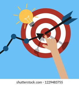 Human hand pointing at target with an arrow and light bulb vector