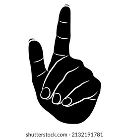 Human hand pointing up. Gesturing. Index finger. Black and white negative silhouette. Cartoon style.