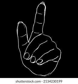 Human hand pointing up. Gesturing. Index finger. Hand drawn linear doodle rough sketch. White silhouette on black background.