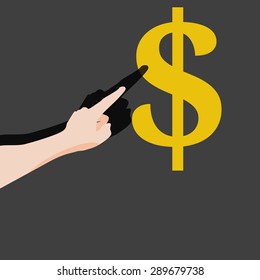 Human hand points at dollar symbol