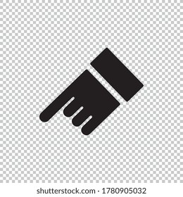 Human Hand points down the bottom Icon for Graphic Design Projects on checked transparent background. Vector illustration. Eps 10 vector file.
