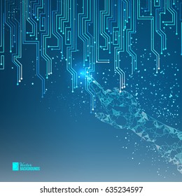 Human hand points to electrical circuit with shine sparks. Digit board of tecnology electron background. Abstract blue light bacdrop. Digital Vector Illustration.