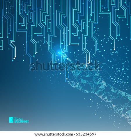 Human hand points to electrical circuit with shine sparks. Digit board of tecnology electron background. Abstract blue light bacdrop. Digital Vector Illustration.