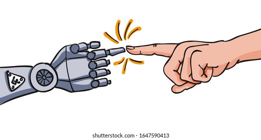 Human Hand Points With Its Index Finger On Hand Of Roboter - For Human-Machine Interaction, Robotics, Computer Science, Human-Robot Interaction, Robotics Competitions