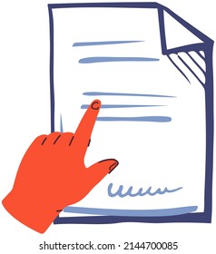 Human hand points to paper sheet with data. Person showing document with writing. Working with information. Piece of paper, document, information sheet, contract isolated on white background