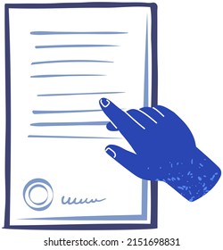 Human hand points to paper sheet with data. Person showing document with writing. Working with information. Piece of paper, document, information sheet, contract isolated on white background