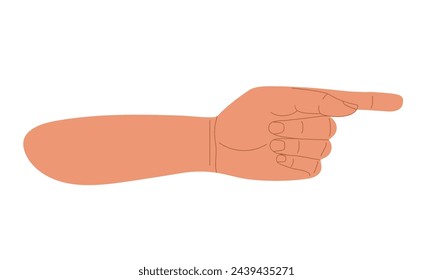 Human hand points way with finger, forefinger. Pointer to left. Pointing Hand Gesture. Flat vector illustration isolated on white background. Template, banner, poster. Right pointing backhand index