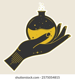 Human hand with poison sticker. Vector black tribal witchcraft art. Alchemy icon, Halloween art