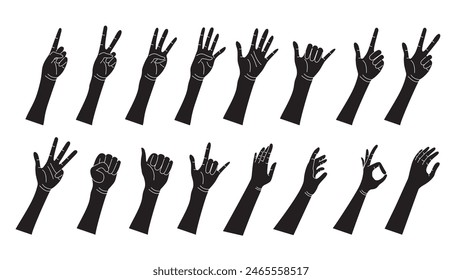 Human Hand Poses and Gestures. Black silhouette Male and Female Hands Counting Numbers, Thumbs Up, Open Palms. Shadow of Palms and Wrists Vector Set for Communication and Messaging. Vector.