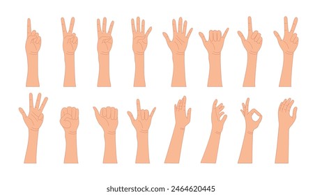 Human Hand Poses and Gestures: Male and Female Hands Counting Numbers, Thumbs Up, Open Palms. Cartoon Palms and Wrists Vector Set for Communication and Messaging. Vector.