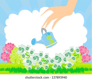 Human hand with a pot watering growing money
