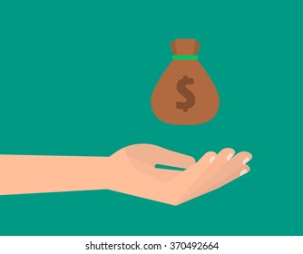 Human hand a pouch of money with dollar sign. Business, finance, saving money concept. Isolated vector illustration flat design.