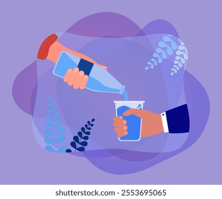 Human hand pouring clear cool water from open bottle into glass. Thirsty person filling cup with fresh cold drink for refreshment flat vector illustration. Health, beauty, natural product concept