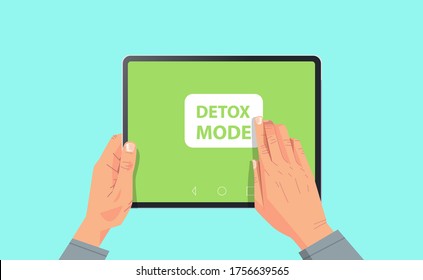 human hand press detox mode on tablet screen digital detox concept abandoning internet and social networks horizontal vector illustration