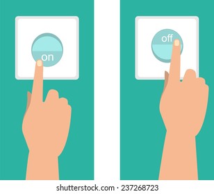 human hand presses the button to enable or disable a human finger
