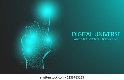 La mano humana presiona un botón con el dedo índice. Innovación tecnológica inteligente. idea de negocio Ilustración vectorial aislada de glifo bajo de bajo nivel de poli
