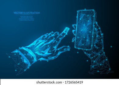 Human hand presses index finger on a touch screen closeup. Mock up blank smartphone. Smart innovative technologies. Business concept. 3d low poly wireframe model isolated vector illustration.