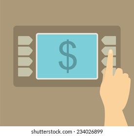 human hand presses the keys of the ATM to help in a flat style