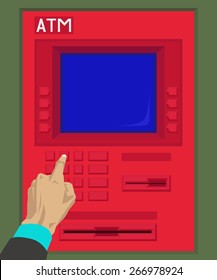 Human hand presses on the button of the ATM