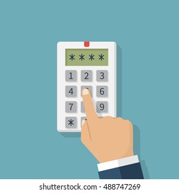Human hand presses on the button, entering security system code. Combination  PIN code on keypad. Password house alarm. Digital combination lock wall. Vector illustration flat design.