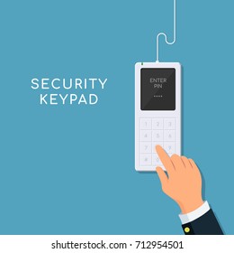 Human hand presses on the button, entering security system code. Entering PIN code on keypad. Vector illustration in flat style.