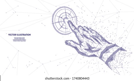 The human hand presses the touch button close-up with the index finger. Smart innovative technologies. Business concept. 3d low poly wireframe model vector illustration.