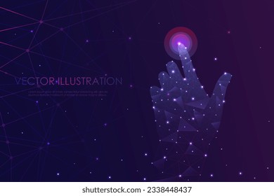 Human hand presses the touch button. Hand touch selection. Digital polygonal wireframe with dots, lines and shapes. Vector illustration EPS10