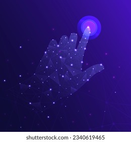 Human hand presses the touch button. Hand touch selection. Digital polygonal wireframe with dots, lines and shapes. Vector illustration EPS10