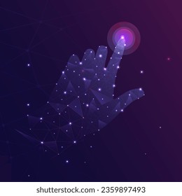 Human hand presses the touch button. Hand touch selection. Digital polygonal wireframe with dots, lines and shapes. Vector illustration EPS10