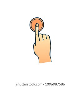 Human hand pressing button with index finger in sketch style isolated on white background - hand drawn colorful vector illustration of wrist pushing doorbell to call or inform someone.