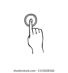 Human Hand Pressing Button With Index Finger In Sketch Style Isolated On White Background. Hand Drawn Black And White Vector Illustration Of Wrist Pushing Doorbell To Call Or Inform Someone.