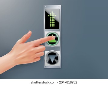 Human hand pressing button up on modern elevator dashboard realistic vector illustration