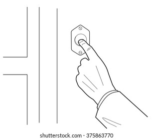 Human hand pressing button. Vector black and white sketch.